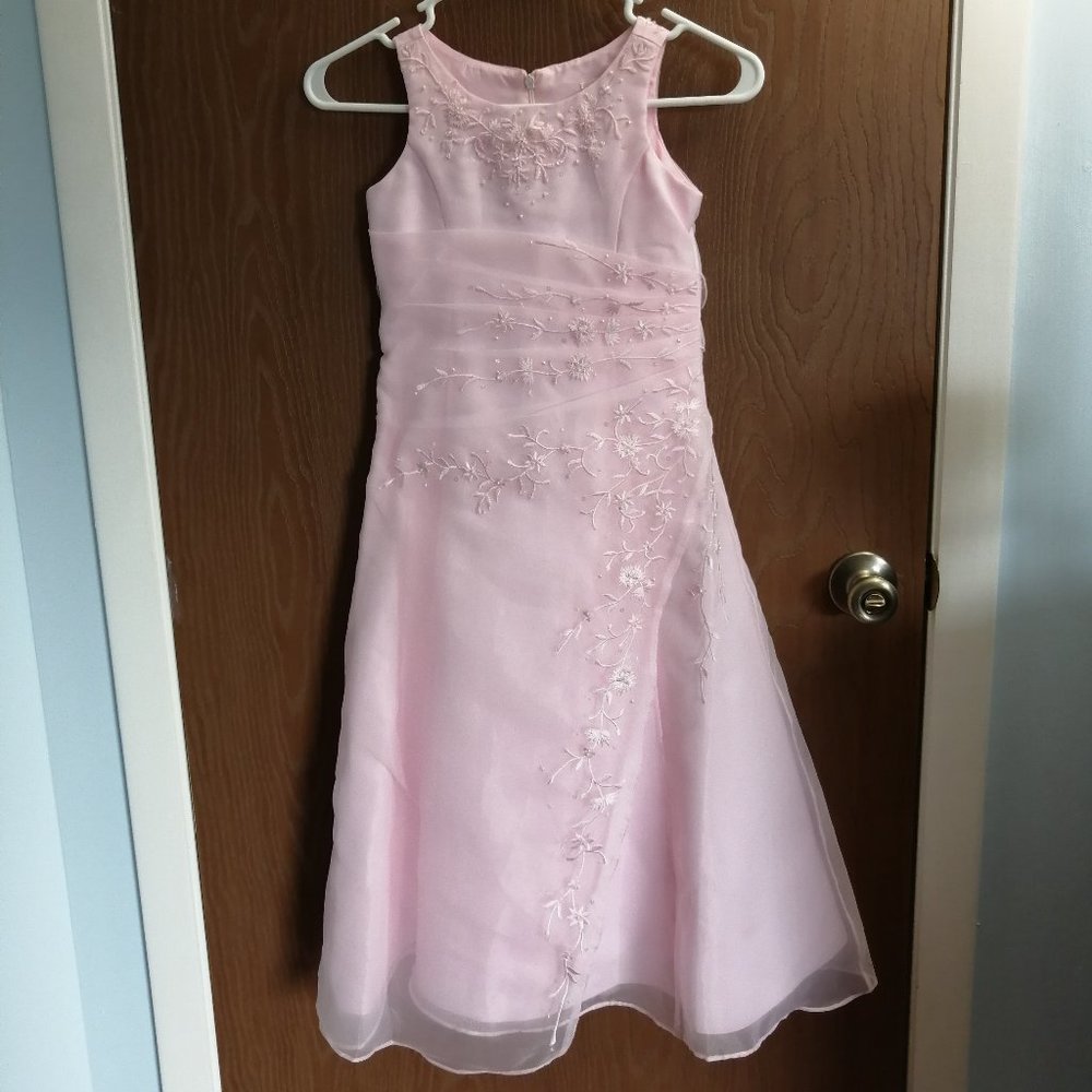 Pink Long Zip Up Dress with Flowers Beads and Embroidered Design Size 6